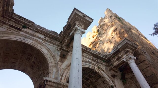 Hadrian Gate, also known as the Uc Kapilar, at the entrance to Antalya Old Town or Kaleici on a sunny day