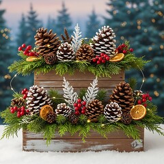 Christmas decoration on wooden crate with pine cones and berries