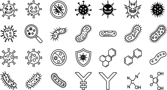Virus and Bacteria Line Icon Vector Set with Microbes, Magnifier, Shield Protection, Antibody, and Molecular Structure for Medical Microbiology Design.