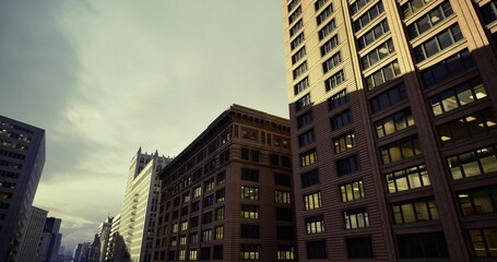 Moody historic facades under stormy sky, ornate masonry and gothic details rising above narrow urban canyon, warm window glows punctuating dusk, dramatic © icetray