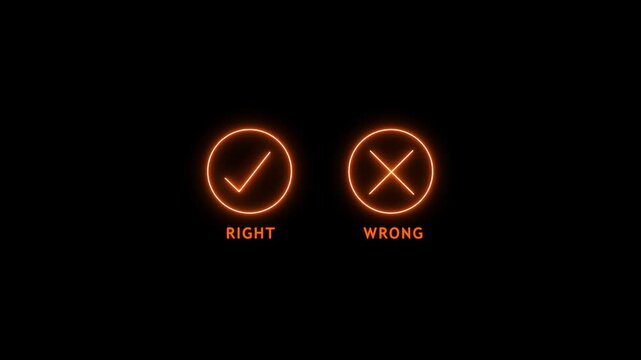 Glowing neon check mark or wrong mark sign with text icon symbol on black background.