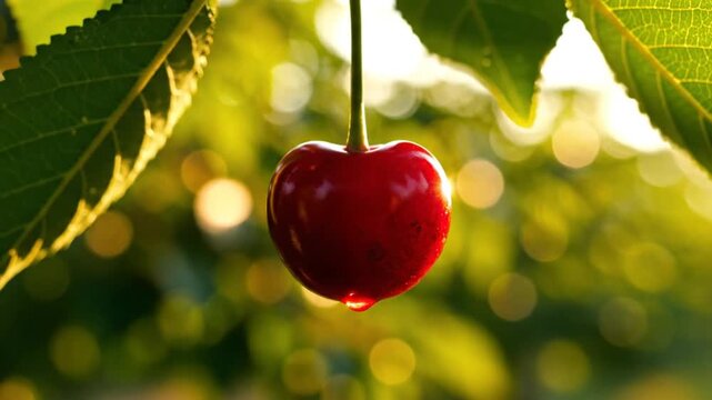 Ripe red cherry fruit hanging on a branch with leaves in the warm natural sunlight of a sunny summer day