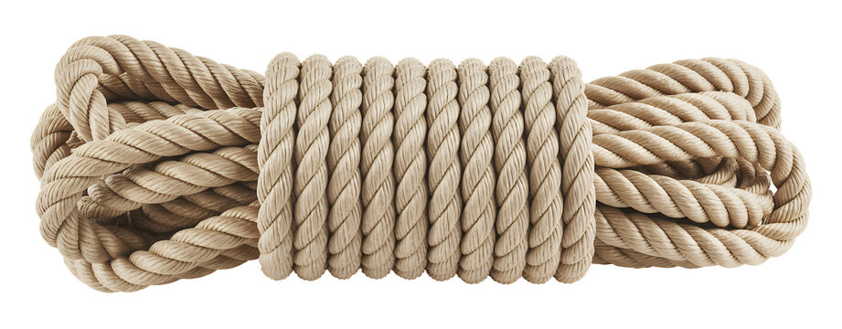 Coil of natural fiber rope beige texture isolated on a transparent background