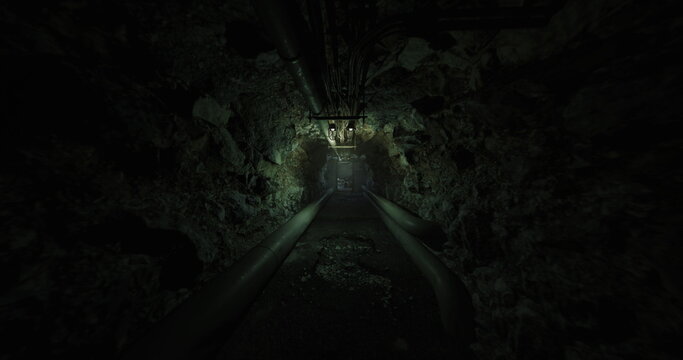 dim mine tunnel with rusted pipes, damp moss on jagged rock walls, faint light at distant opening, industrial conduits along floor, cinematic lighting creating