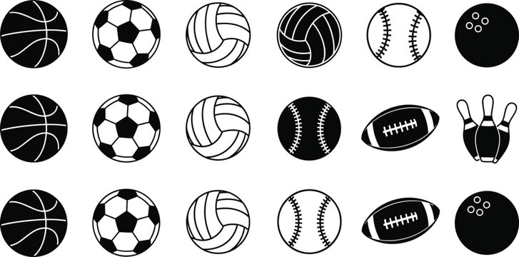 Various sports balls silhouette set, basketball soccer volleyball baseball rugby and bowling icons collection, cad drawing flat vector illustration, athletic equipment isolated elements