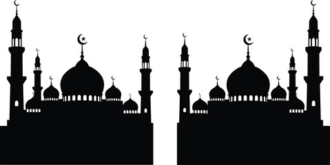 Black silhouette of two mosques with domes and minarets on white background mosque silhouette black and white © Borhan Creatives