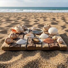 Colorful seashells arranged on wooden planks at the beach with ocean waves
