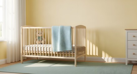 A serene nursery with a wooden crib and a teddy bear on a sunny day