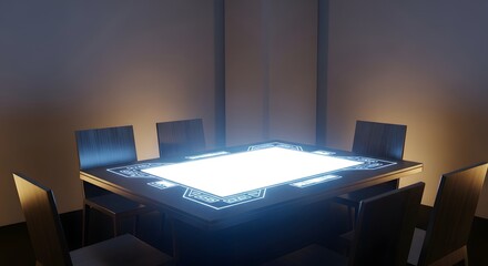 A modern conference table with glowing lights in a dark room with chairs