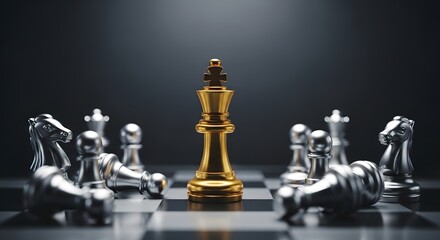 A gold chess king stands victorious on a dark chessboard surrounded by fallen silver pieces
