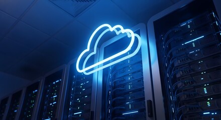 A glowing neon cloud sign illuminates rows of computer servers in a dark data center