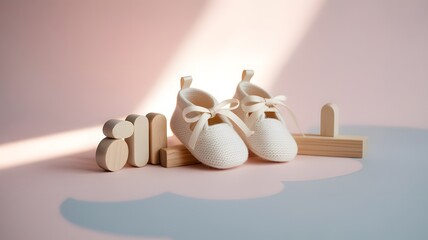 A pair of white baby shoes and wooden blocks on a pink background