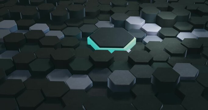 Futuristic 3D animation of a hexagonal grid surface with smooth wave motion and random neon light pulses. Dark matte materials with sss scattering. Ideal for technology, cybersecurity, and big data