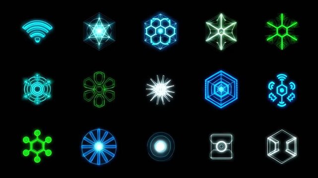 Futuristic blue and green glowing geometric UI elements for technology and data visualization