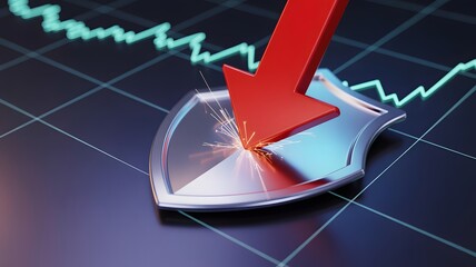 A red arrow piercing a silver shield on a graph with a downward trend