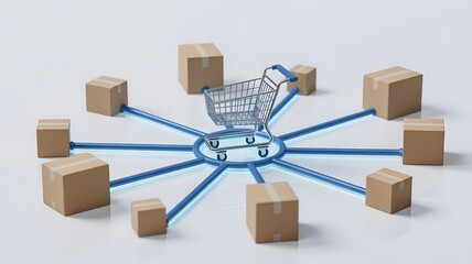 A shopping cart surrounded by cardboard boxes connected with blue lines on a white background