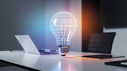 A glowing lightbulb sits on a modern office desk with a laptop and tablet