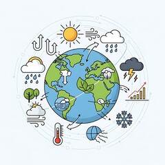 Fototapeta premium Earth climate change weather icons around globe.