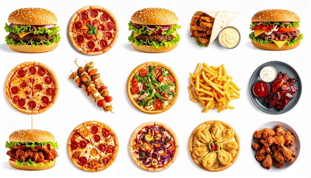 Fast food set and collection menu isolated on white background. cheeseburger, pizza, sandwich, wings, fries, taco, dumpling, skewers, nuggets, bbq ribs, fried chicken