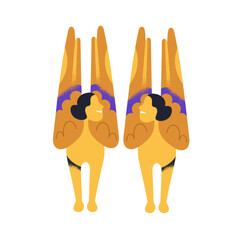 Fototapeta premium Mythical fantasy birds with women heads. Fictional creature, sirens with female faces, wings. Myth folk human and animal hybrid. Creative flat vector illustration isolated on white background