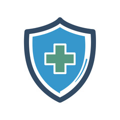 Obraz premium Blue shield with green medical cross icon for health protection