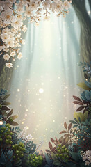 Floral arrangement with white blossom and green foliage frames a bright background. The scene evokes spring, nature, and magical atmosphere.
