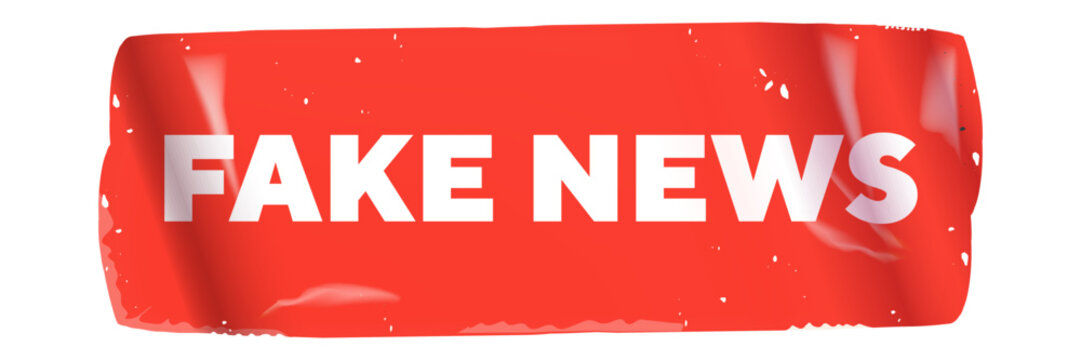 Fake news red sticker banner with white bold lettering. Conceptual label for misinformation, disinformation, and media propaganda isolated on white background vector illustration.