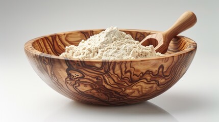 Olive wood bowl with light flour and a small wooden scoop on a bright surface