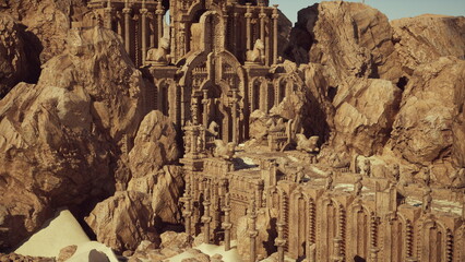 A majestic stone temple stands tall amidst towering rocky cliffs, bathed in warm sunlight. © icetray