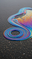 Fototapeta premium Close-up of a colorful iridescent liquid swirl on a dark, rough surface, possibly oil or gasoline, creating a psychedelic, abstract effect