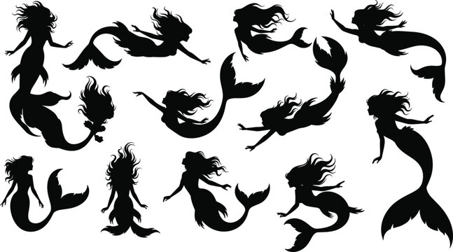Set of elegant black mermaid silhouettes swimming under the sea with flowing hair and graceful tails for vector fantasy design