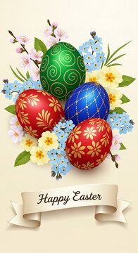 Decorated green, red, and blue egg arrangement with flowers. It's a representative image of spring holiday, Easter, and festive greetings.