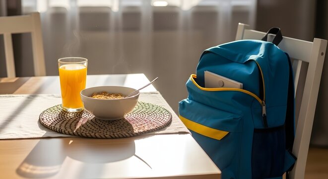 A blue backpack sits next to a bowl of cereal and orange juice on a table