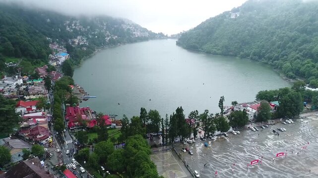 Aerial Drone View of Nainital Lake, Uttarakhand, India
