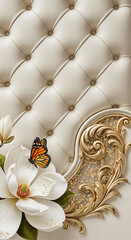 Fototapeta premium Vertical image of quilted, ivory leather with a butterfly on a white flower, accented by a gold decorative frame, representing luxury and ornate design