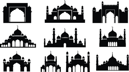 Black silhouettes of various mosques and islamic architecture domes minarets © Borhan Creatives