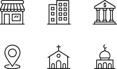 Public building icon set with retail shop, office skyscraper, bank, location pin, church and mosque symbols