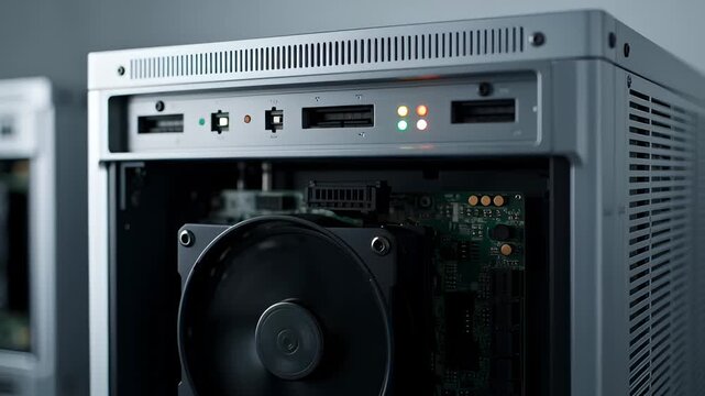 Close-Up of a Computer Tower With Spinning Fan and Indicator Lights on