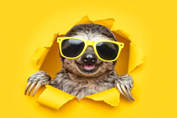 Obraz premium Ein lachendes Faultier mit Sonnenbrille schaut durch ein Loch vor gelben Hintergrund