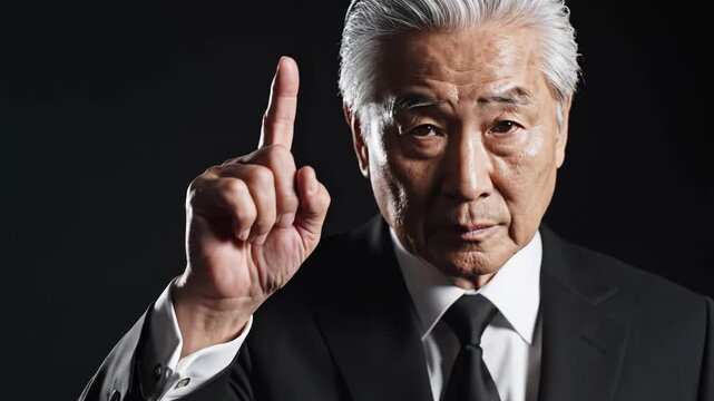 Elderly man in suit pointing finger