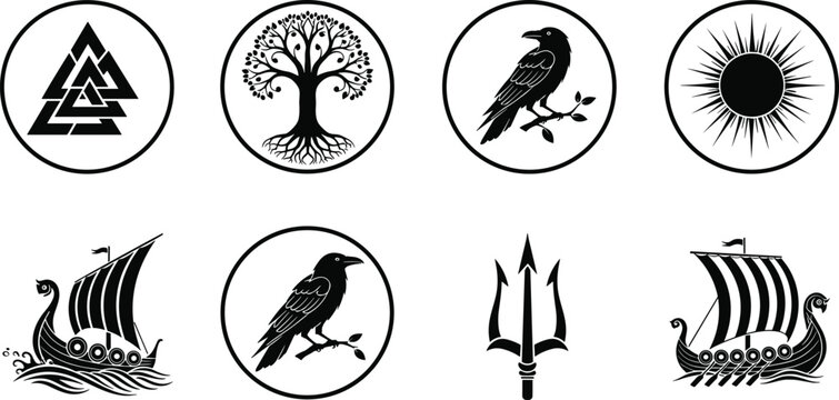 Set of Norse mythology icons including Viking longships, ravens, Yggdrasil tree of life, Valknut symbol, trident, and sun for historical designs.