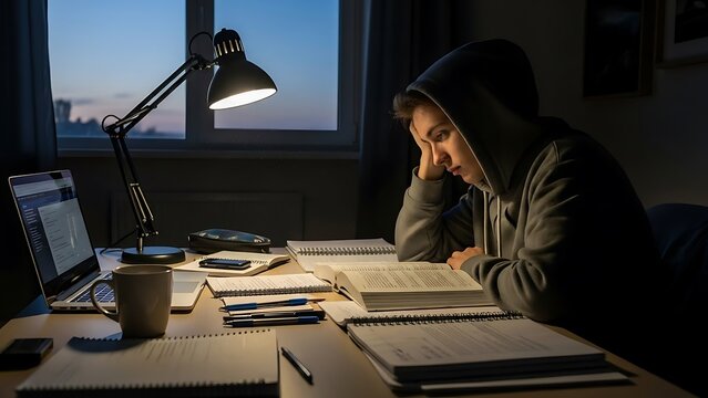 person working late at night desk.