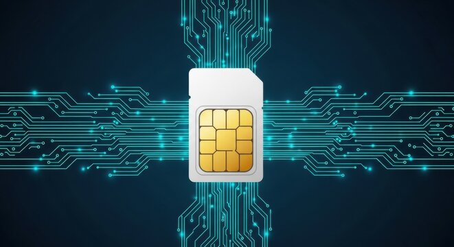 SIM card with golden contacts on circuit board background