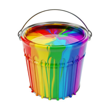 A rainbow-colored bucket with paint on a transparent background