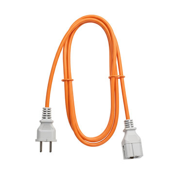 An orange extension cord with white plugs on a transparent background
