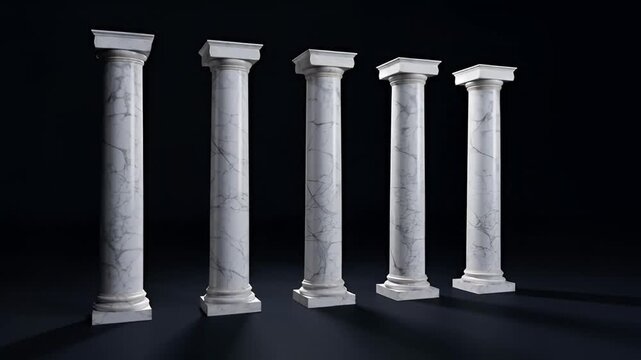 A slow push in toward a row of ornate white marble columns in a dark environment