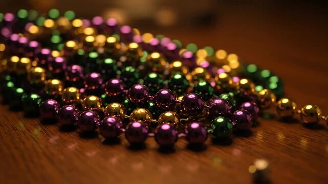 Mardi Gras Beads on Wooden Surface.