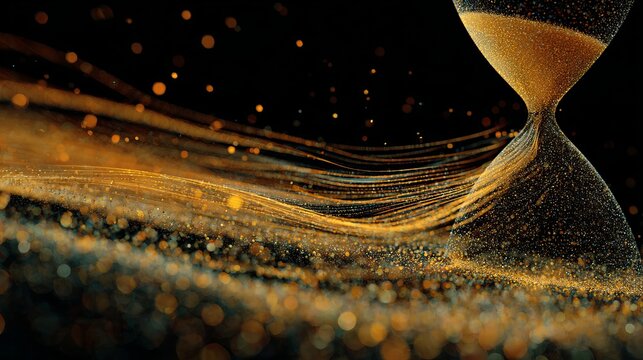 A stunning visual representation of an hourglass with golden sand flowing through it in a dark background