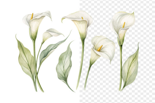 set of Watercolor Zantedeschia Calla Lily, Elegant Floral Art, vector illustration isolated on white background