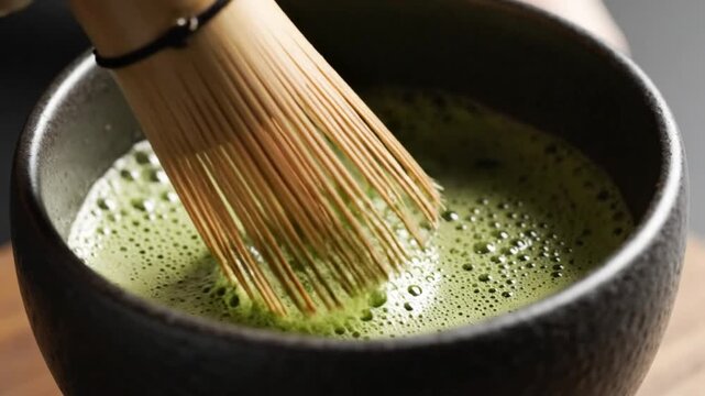 Close up view of the matcha tea being whisked with bamboo whisk in a black bowl for a traditional drink preparation